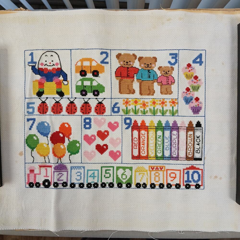Vintage 1986 Dimensions "Learn To Count" Cross Stitch Art needs cleaning